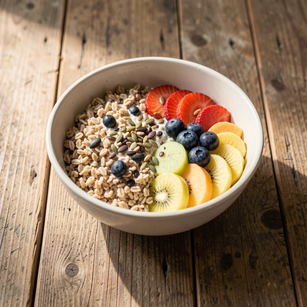 A breakfast bowl of whole grains, sliced seasonal fruit, and seeds arranged on a worn wooden table, early morning natural light, minimalist food photography