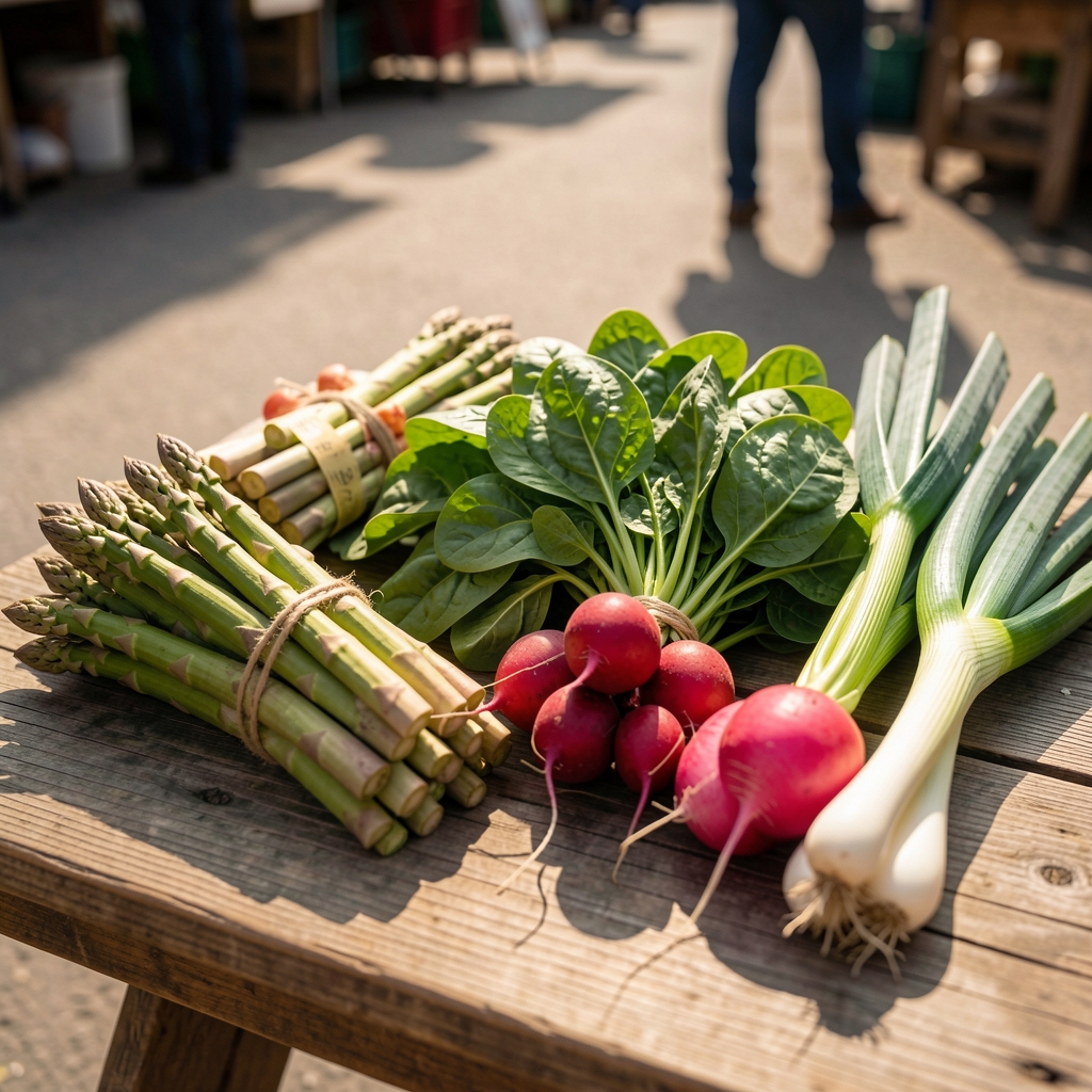 Spring market produce arranged on a wooden surface — asparagus bundles, fresh spinach, radishes, and spring onions with morning light casting long shadows