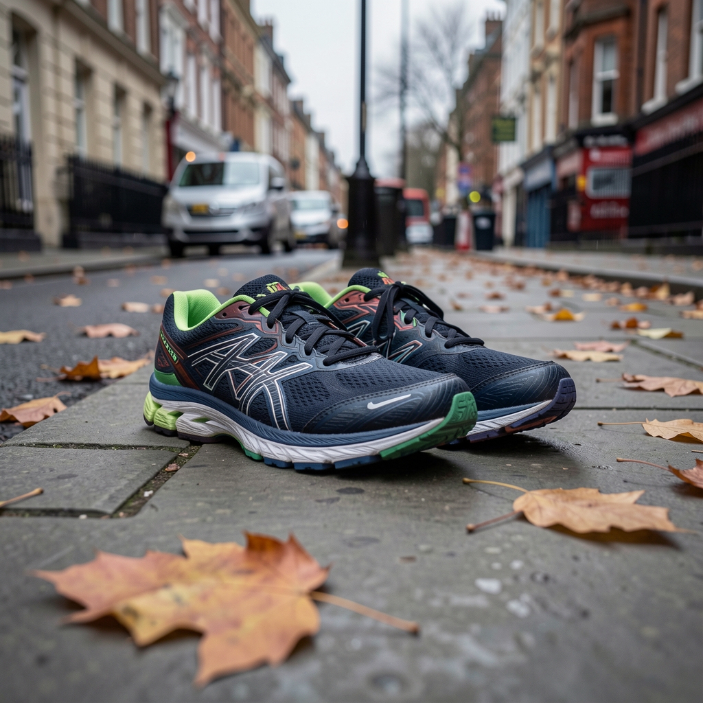 Running shoes placed neatly on a grey London pavement beside autumn leaves, overcast morning light, low-angle documentary composition
