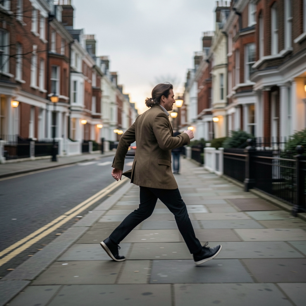 Person in motion on a London pavement at dawn, blurred background of Georgian terrace houses, overcast light, movement study